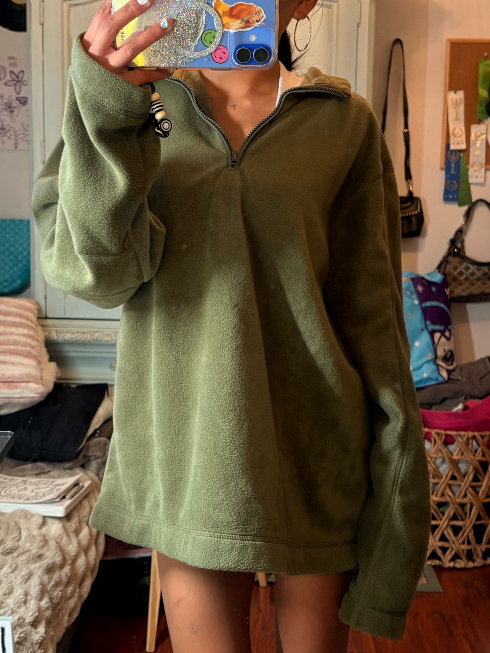 Olive Green Quarter-Zip Fleece Pullover